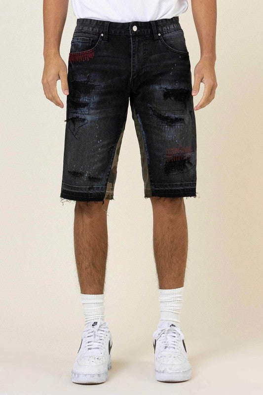 Men's Casual Camo Paneled Denim Shorts