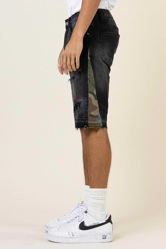 Men's Casual Camo Paneled Denim Shorts