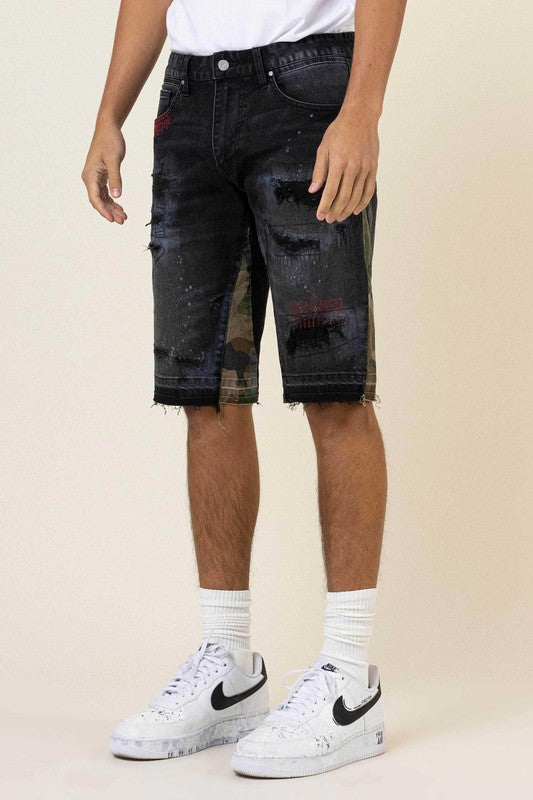 Men's Casual Camo Paneled Denim Shorts