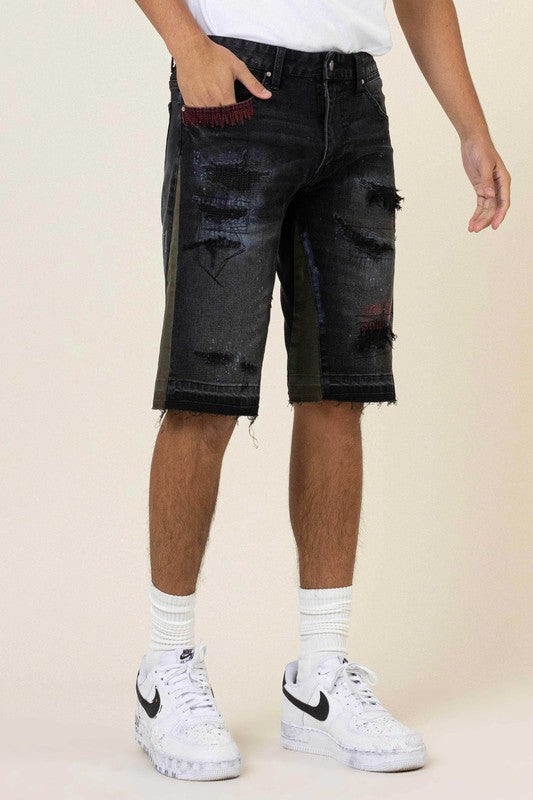 Men's Casual Camo Paneled Denim Shorts