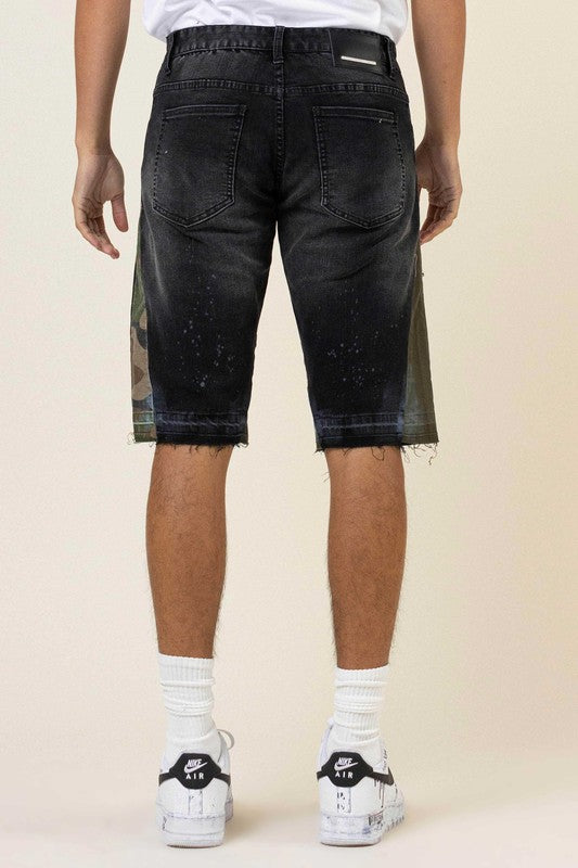 Men's Casual Camo Paneled Denim Shorts