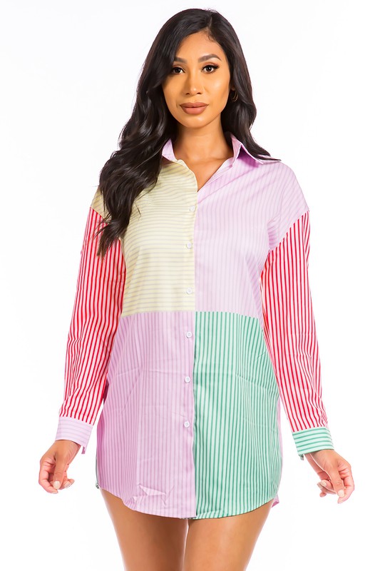 Women's Long Sleeve Multi-Color Button Front Shirt Dress