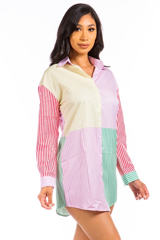 Women's Long Sleeve Multi-Color Button Front Shirt Dress