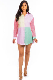 Women's Long Sleeve Multi-Color Button Front Shirt Dress