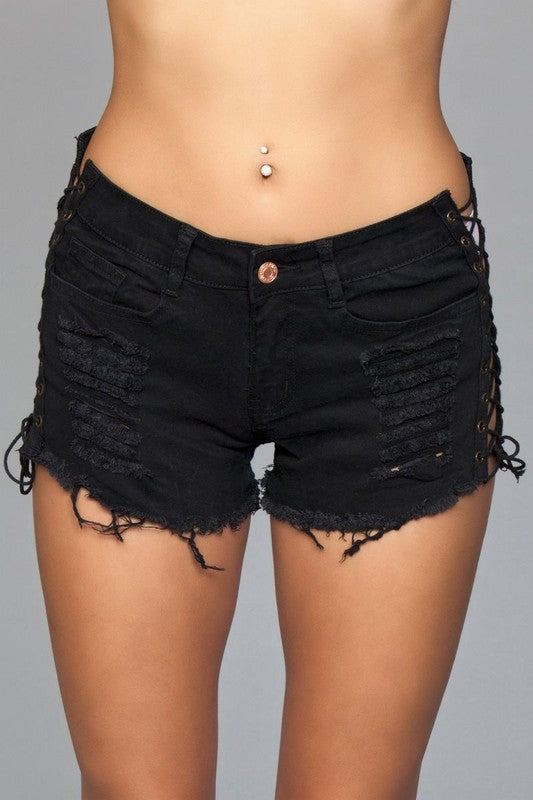 Women's Fitted Distressed Denim Shorts with Lace-Up Sides