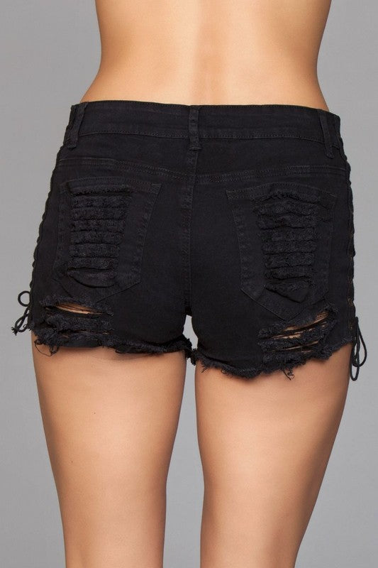 Women's Fitted Distressed Denim Shorts with Lace-Up Sides