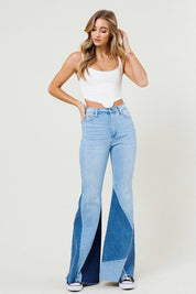 Color Block Side Slit Flare Jeans