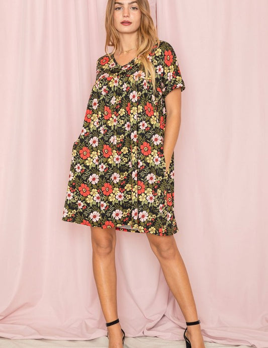 Women's Plus Size V-Neck Floral Baby Doll Dress