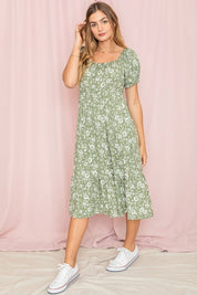 Women's Plus Floral Square Neck Puff Sleeve Dress