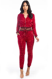 Women's Sexy Sequin Two Piece Bomber Jacket and Pant Set