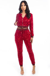 Women's Sexy Sequin Two Piece Bomber Jacket and Pant Set