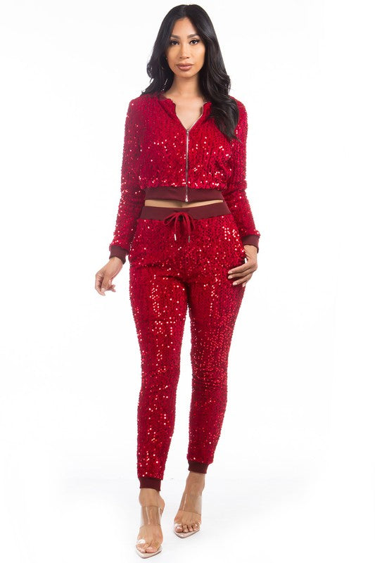 Women's Sexy Sequin Two Piece Bomber Jacket and Pant Set