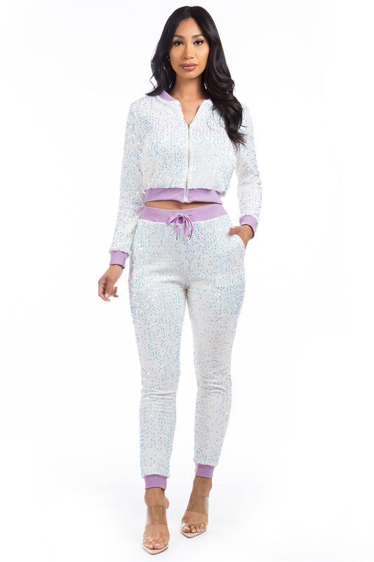 Women's Sexy Sequin Bomber Jacket and Pants Set