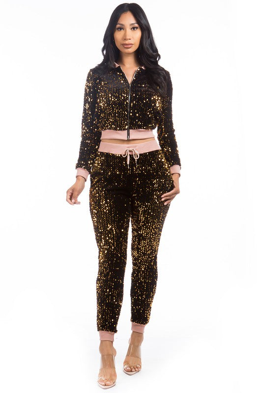 Women's Sexy Sequin Bomber Jacket and Pant Set