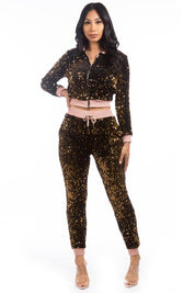 Women's Sexy Sequin Bomber Jacket and Pant Set