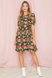 Women's Floral Midi Dress with Gathered Sleeves