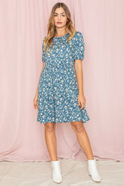 Women's Floral Midi Dress with Gathered Sleeves