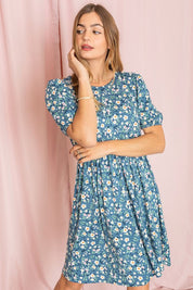 Women's Floral Midi Dress with Gathered Sleeves