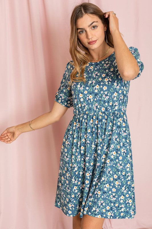 Women's Floral Midi Dress with Gathered Sleeves