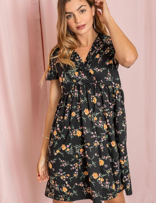 Women's Floral Surplice Ruffle Hem Dress