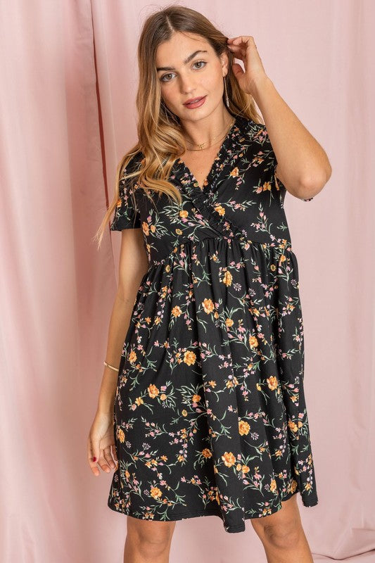 Women's Floral Surplice Ruffle Hem Dress