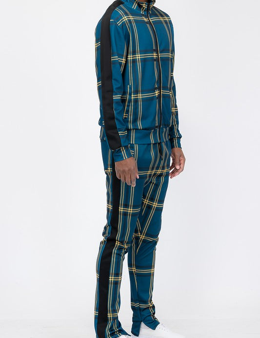 PLAID CHECKERED FULL ZIP TRACK PANTS SET