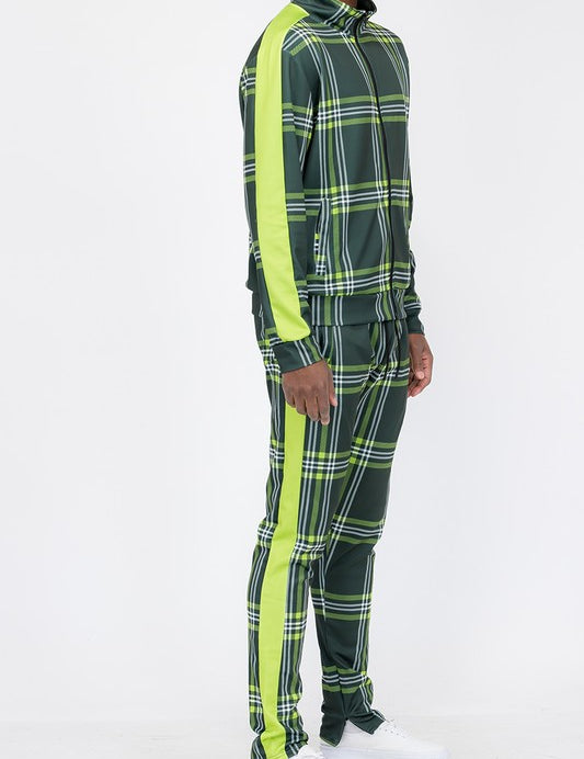 PLAID CHECKERED FULL ZIP TRACK PANTS SET