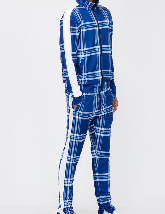 PLAID CHECKERED FULL ZIP TRACK PANTS SET