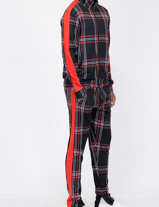 PLAID CHECKERED FULL ZIP TRACK PANTS SET