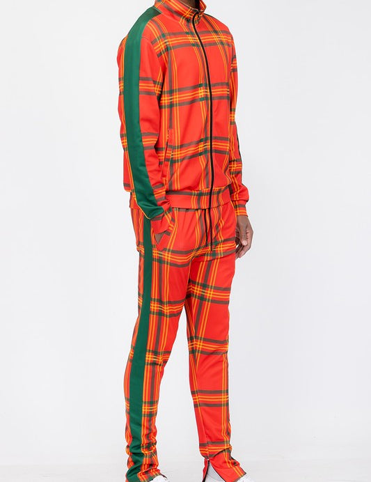 PLAID CHECKERED FULL ZIP TRACK PANTS SET