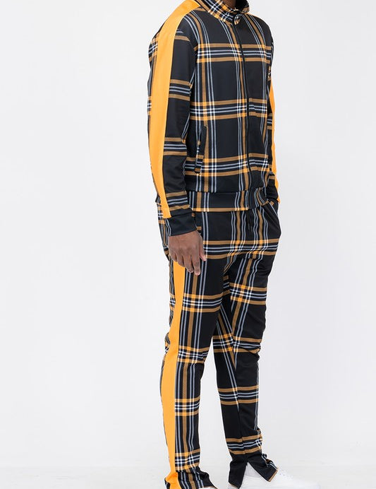 PLAID CHECKERED FULL ZIP TRACK PANTS SET