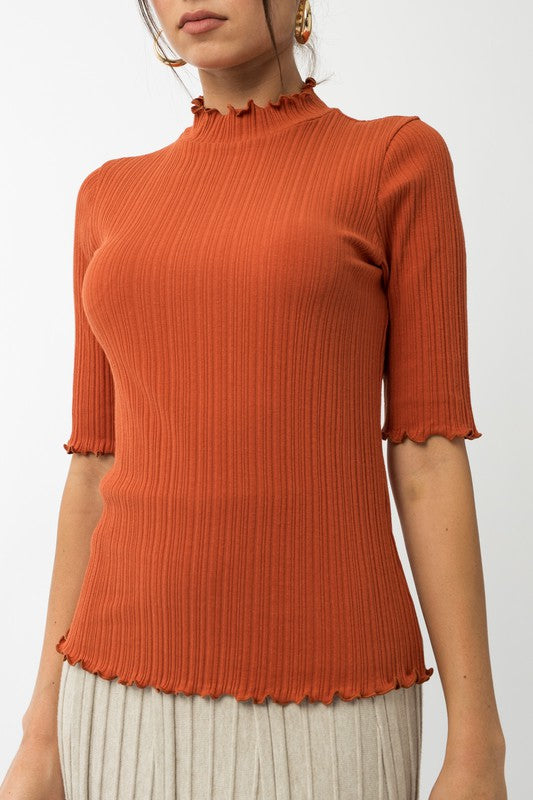 Women's Short Sleeve Mock Neck Ribbed Knit Top