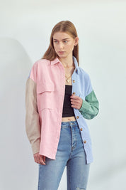 Women's Color Block Oversized Button Down Shirt