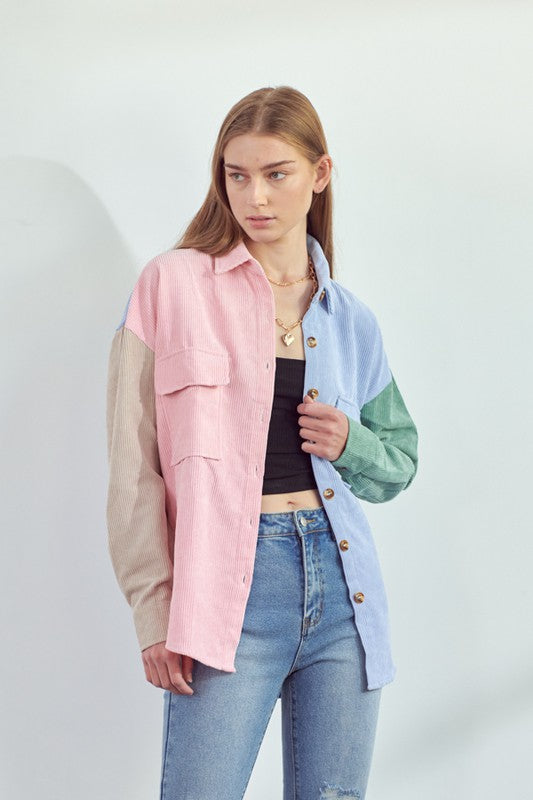 Women's Color Block Oversized Button Down Shirt
