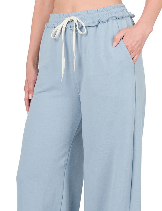 French Terry Drawstring Waist Raw Edge Hem Pants