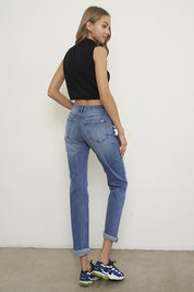 Women's Mid Rise Distressed Slim Boyfriend Jeans