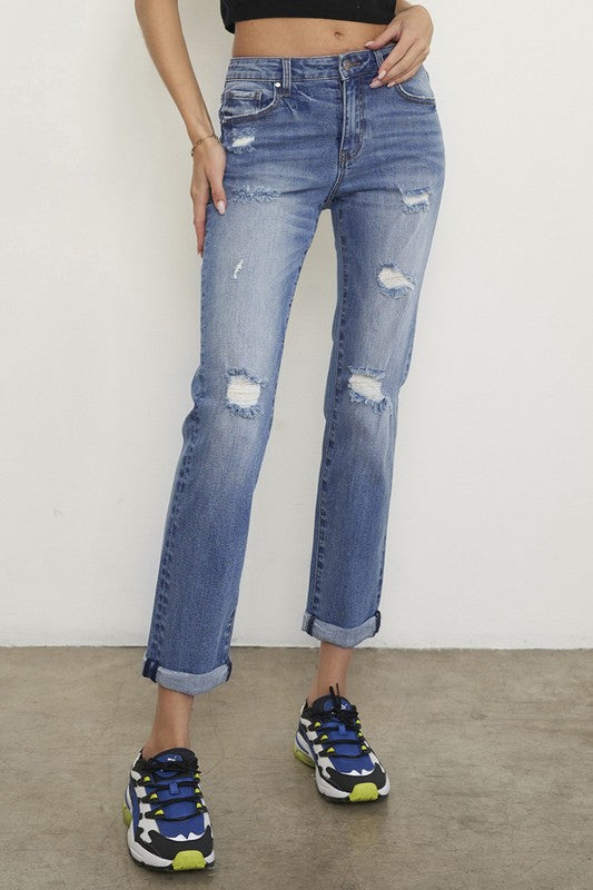 Women's Mid Rise Distressed Slim Boyfriend Jeans