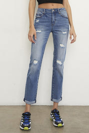 Women's Mid Rise Distressed Slim Boyfriend Jeans