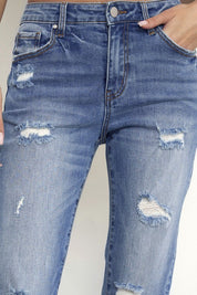 Women's Mid Rise Distressed Slim Boyfriend Jeans