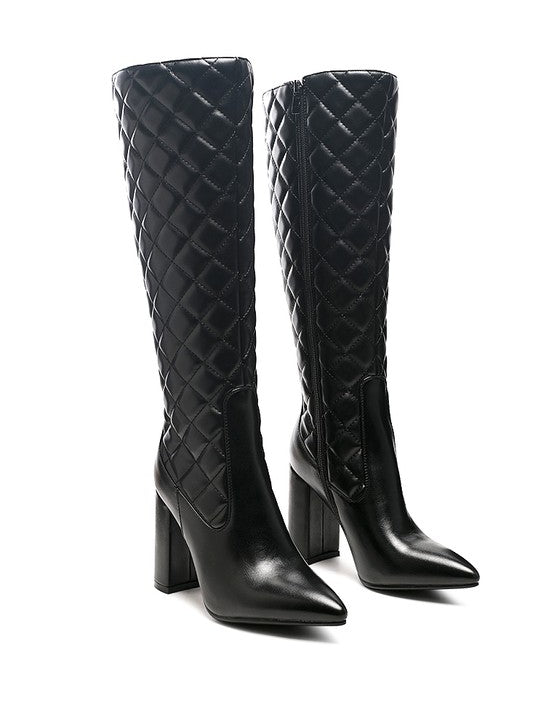 Women's Quilted Knee-High Block Heel Boots