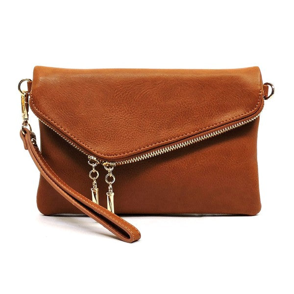 Women's Faux Leather Foldover Clutch with Detachable Strap