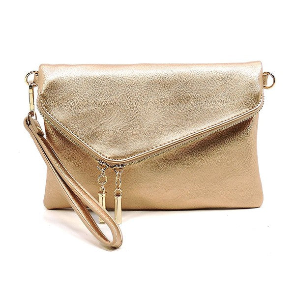 Women's Faux Leather Foldover Clutch with Detachable Strap