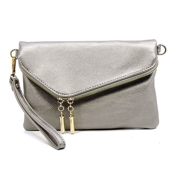 Women's Faux Leather Foldover Clutch with Detachable Strap