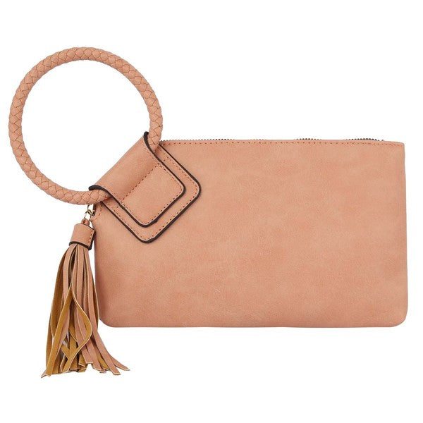 Women's Faux Leather Tassel Wristlet Clutch