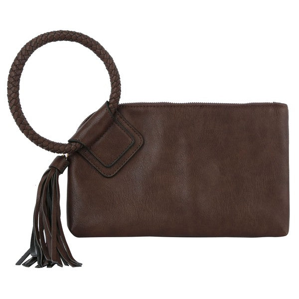 Women's Faux Leather Tassel Wristlet Clutch