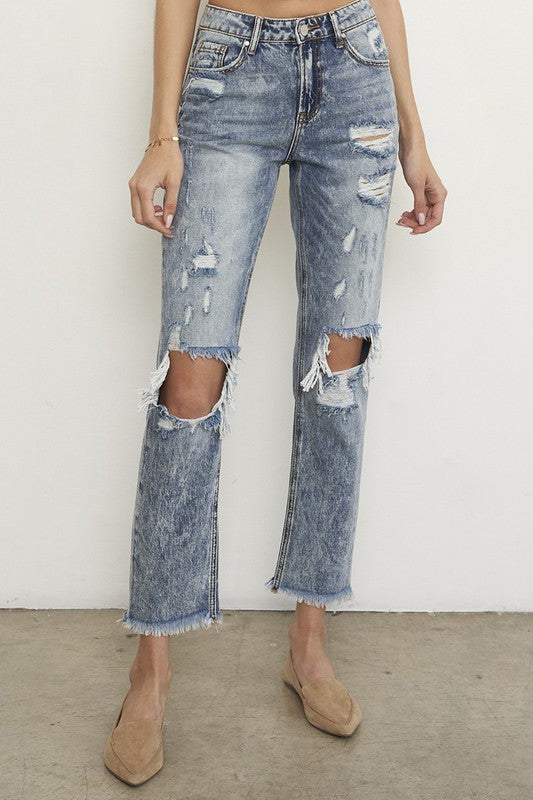 Women's High Rise Ripped Straight Leg Jeans