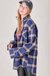 Women's Oversized Plaid Shirt with Front Pocket