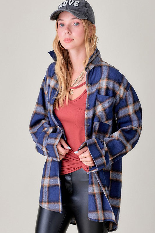 Women's Oversized Plaid Shirt with Front Pocket