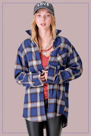 Women's Oversized Plaid Shirt with Front Pocket