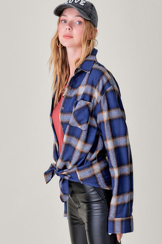 Women's Oversized Plaid Shirt with Front Pocket